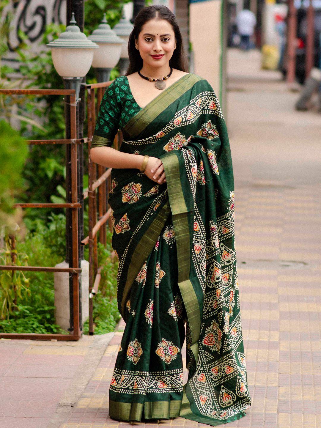 mitera green bandhani printed zari silk blend saree