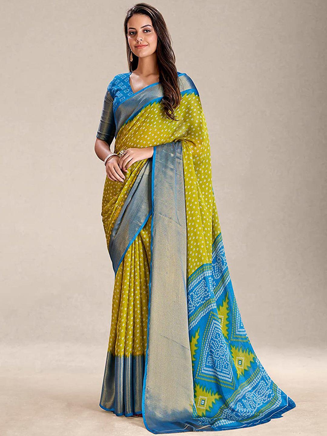 mitera green bandhani printed zari silk cotton saree