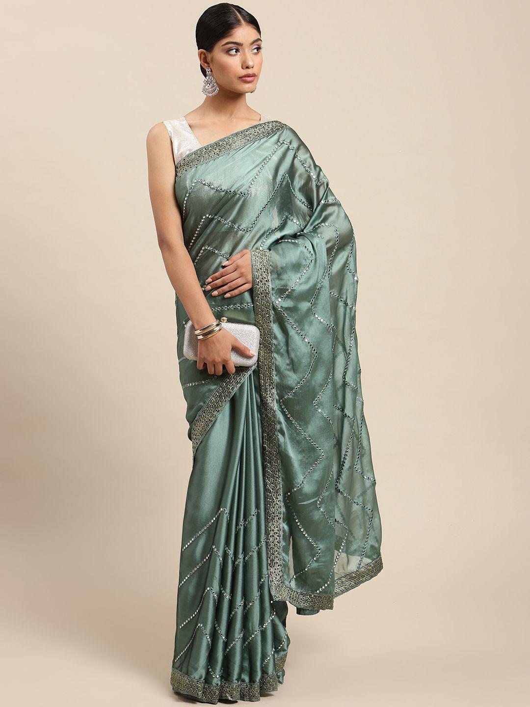 mitera green chevron embroidered mirror work saree