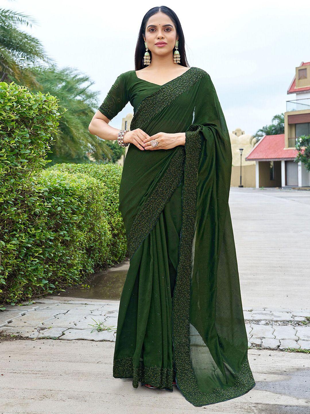 mitera green embellished beads and stones art silk saree
