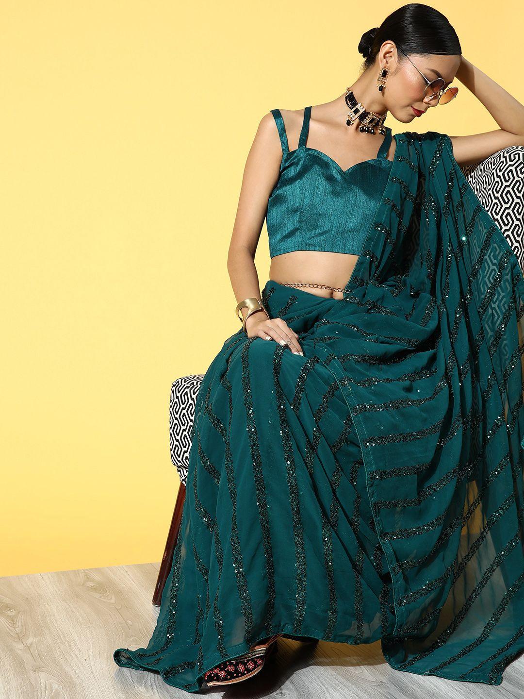 mitera green embellished sequinned pure georgette saree