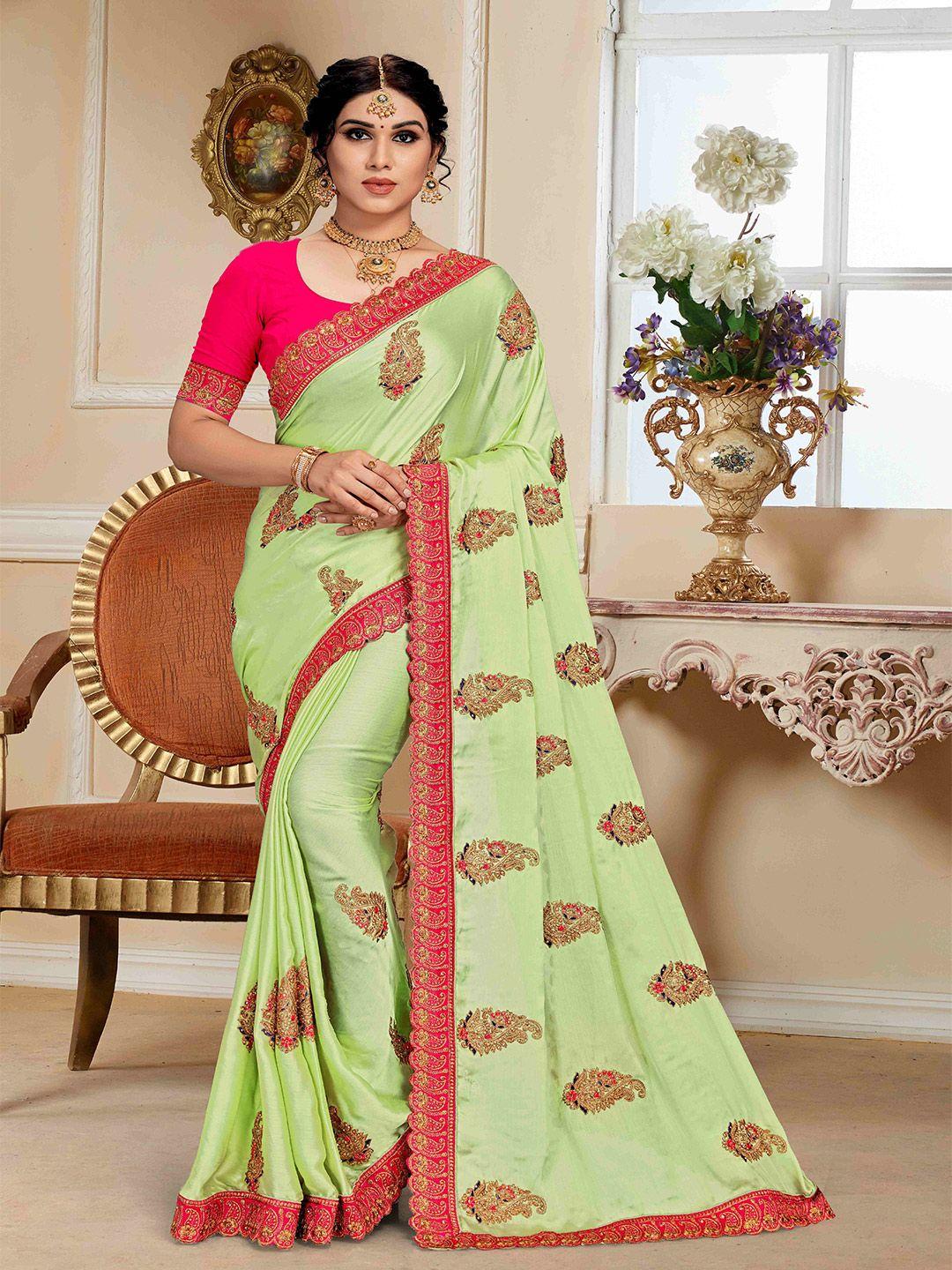 mitera green ethnic motifs embroidered beads and stones saree