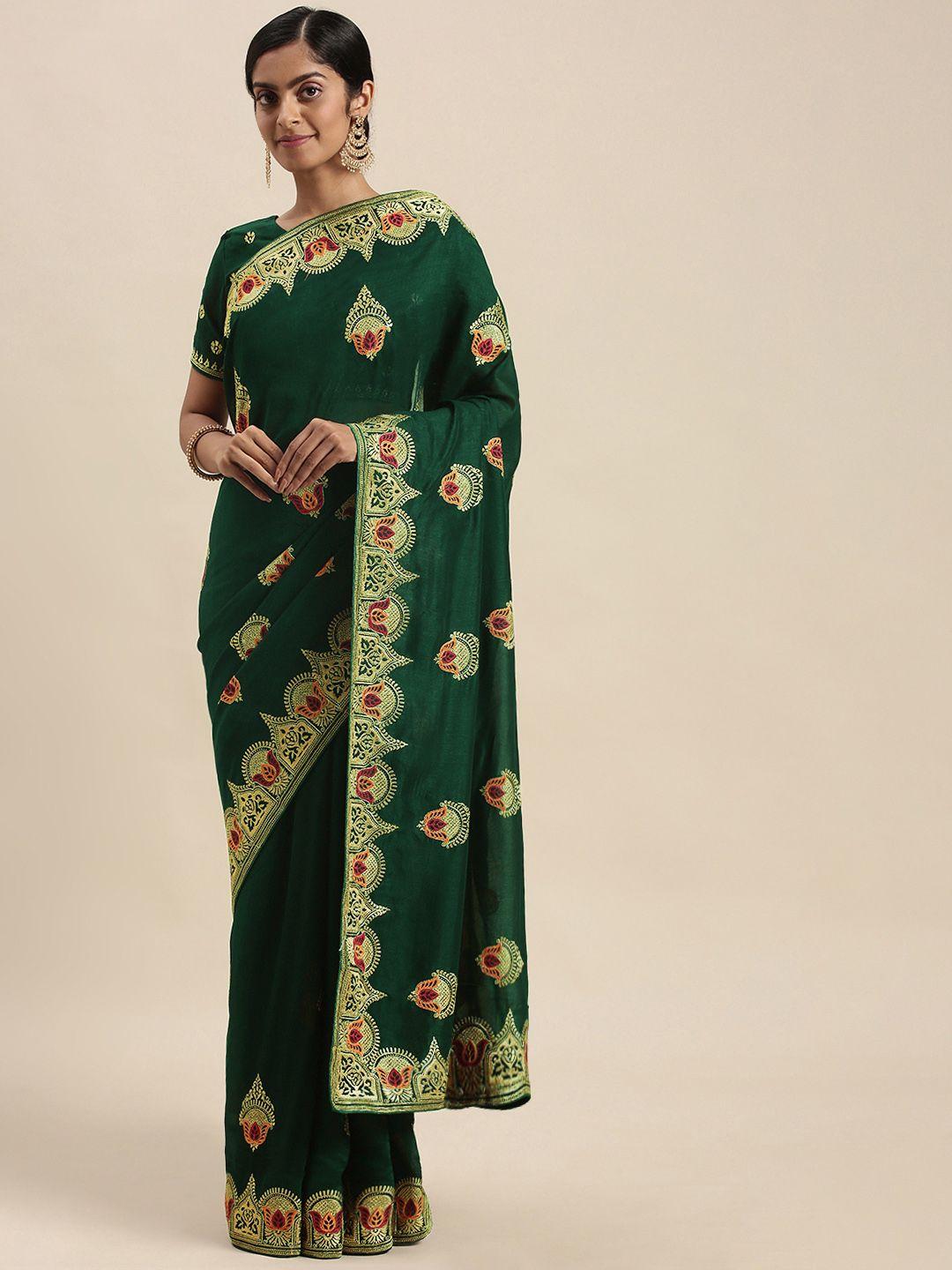 mitera green ethnic motifs embroidered silk blend saree