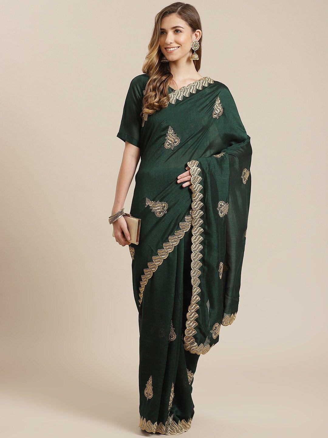 mitera green ethnic motifs embroidered zari silk saree