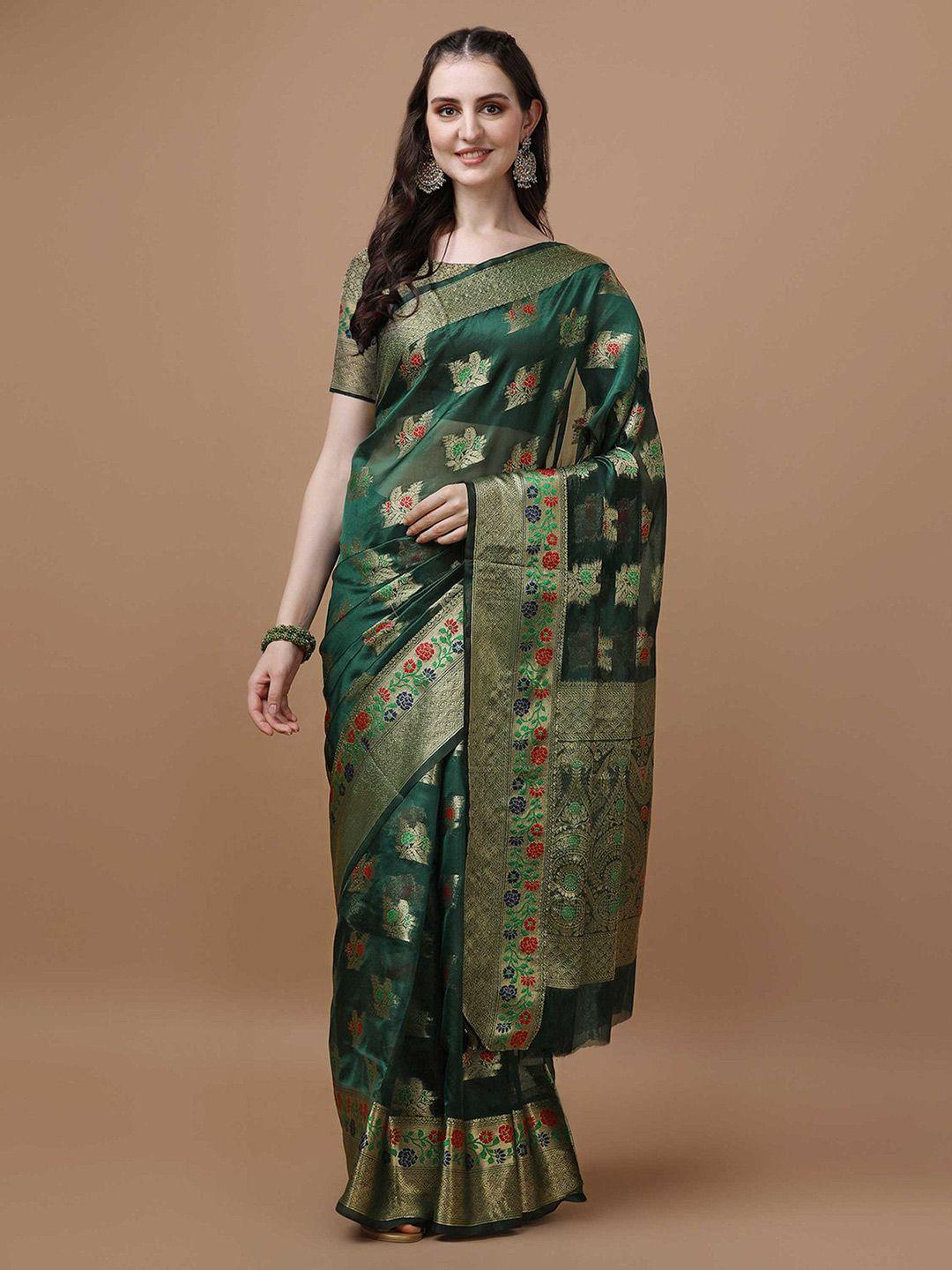 mitera green ethnic motifs zari organza saree