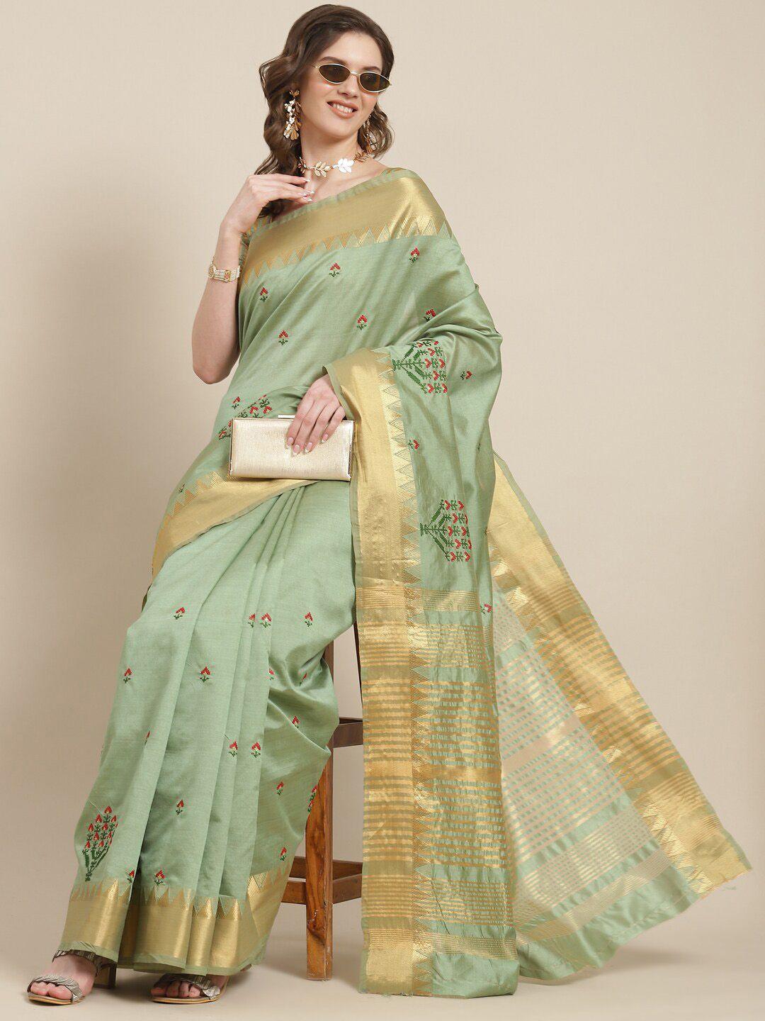 mitera green ethnic motifs zari silk cotton banarasi saree