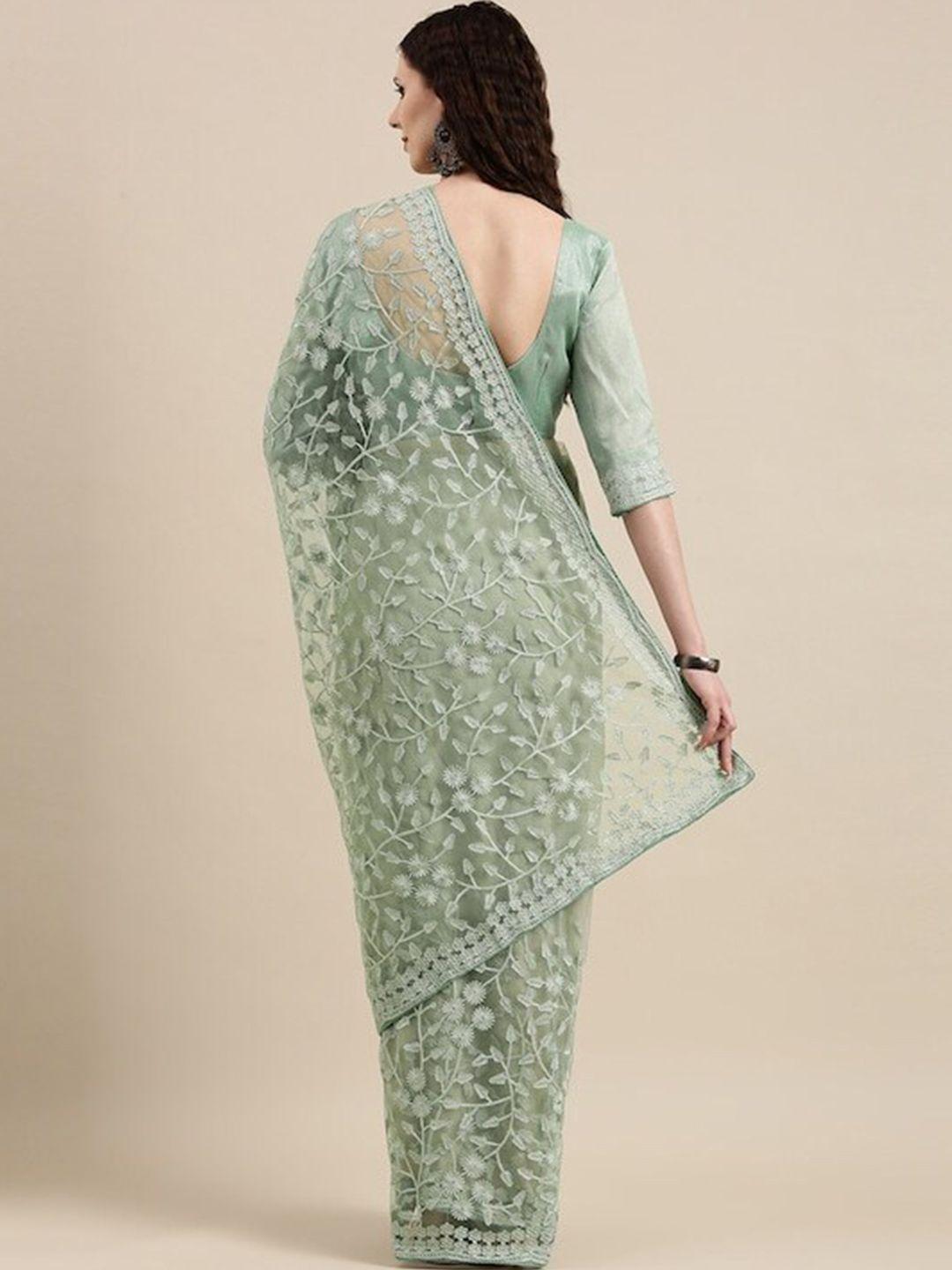 mitera green floral embroidered net saree