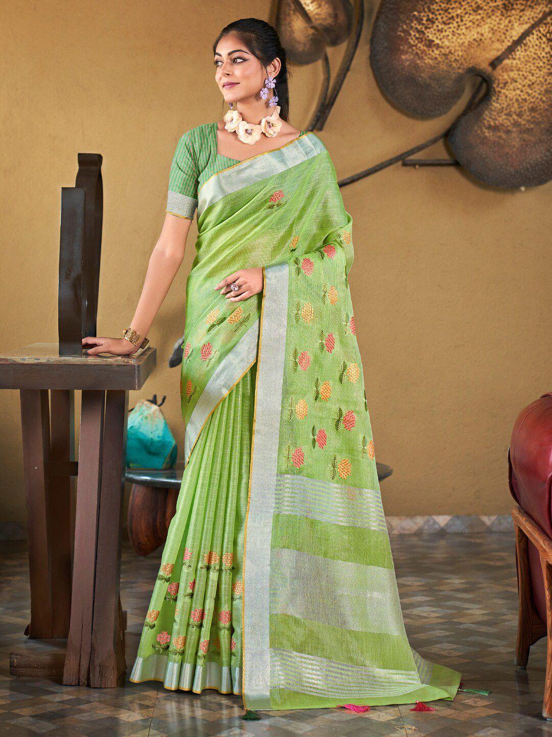 mitera green floral embroidered zari saree