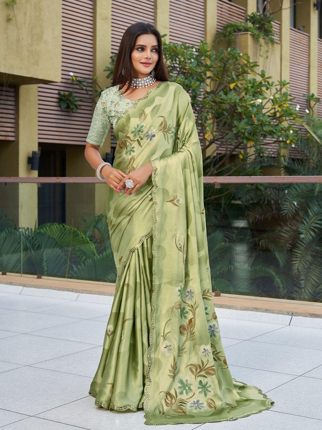 mitera green floral printed mirror work satin georgette saree