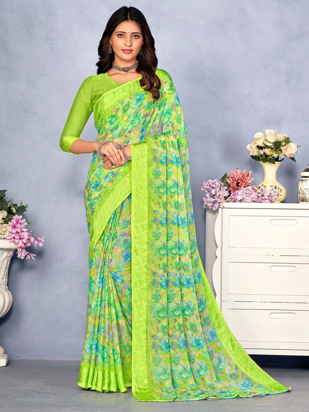 mitera green floral pure chiffon designer bagru saree