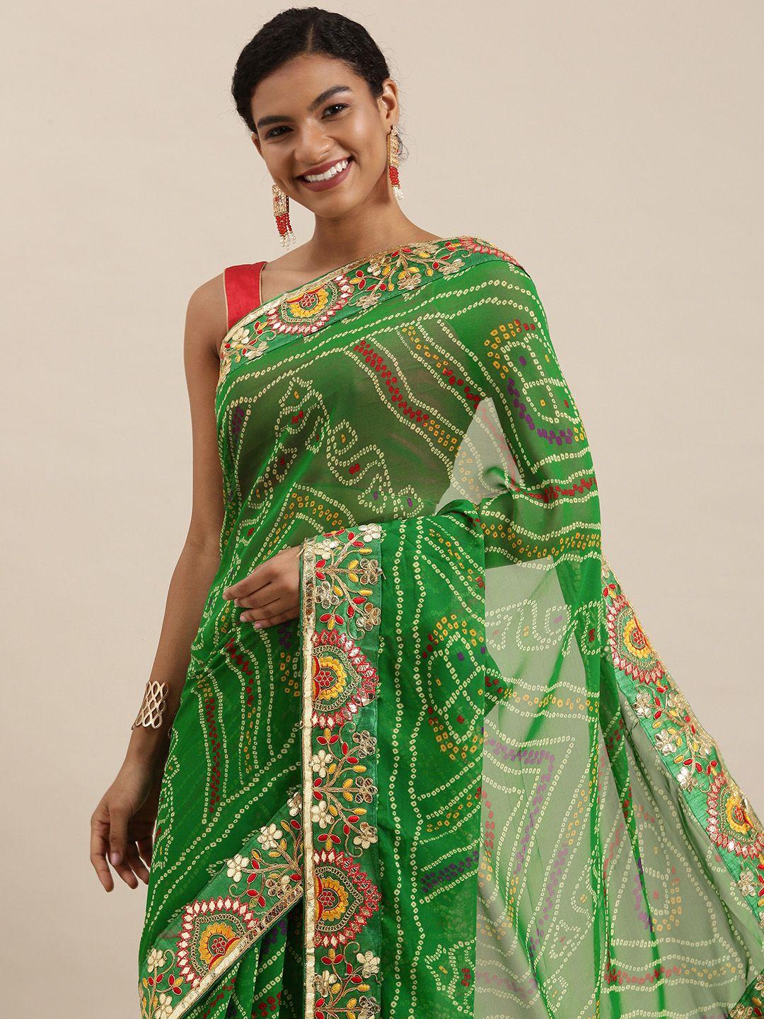 mitera green printed gotta patti bandhani saree