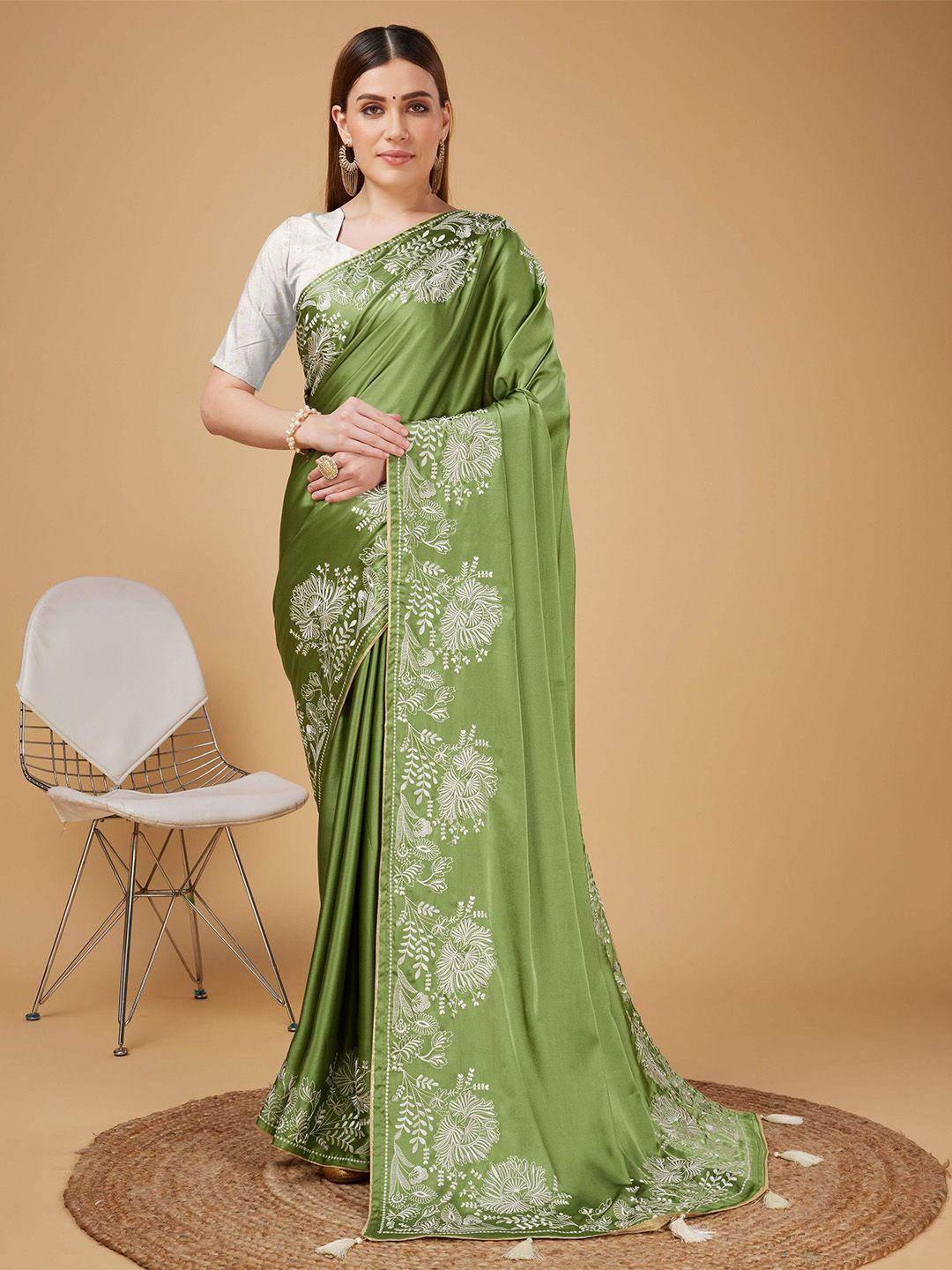 mitera green satin designer saree