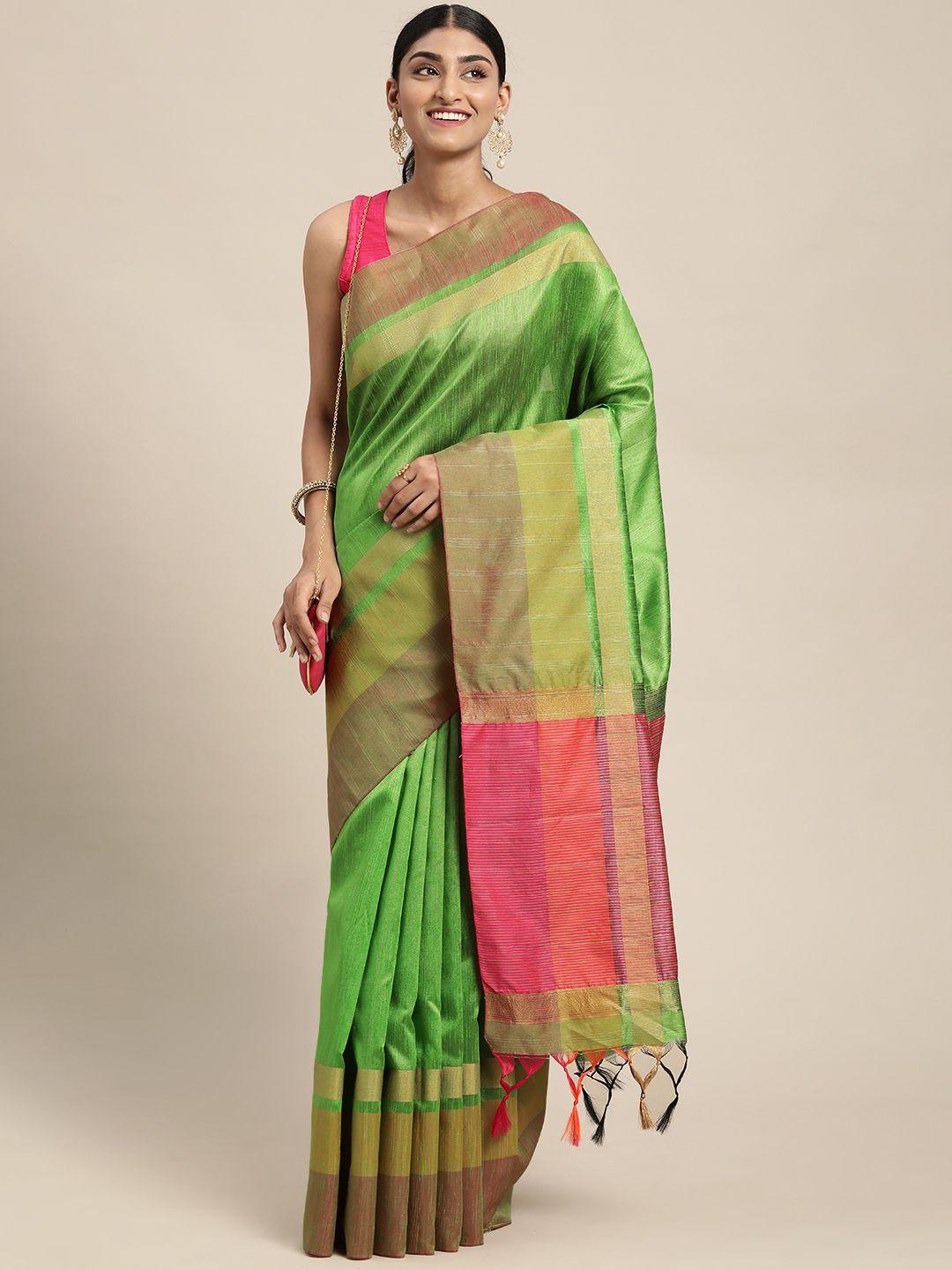 mitera green silk blend saree with contrast pallu