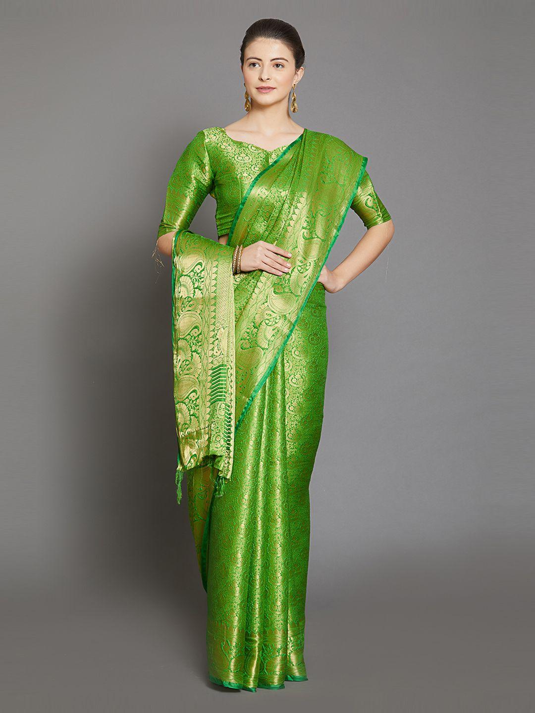mitera green silk blend woven design kanjeevaram saree