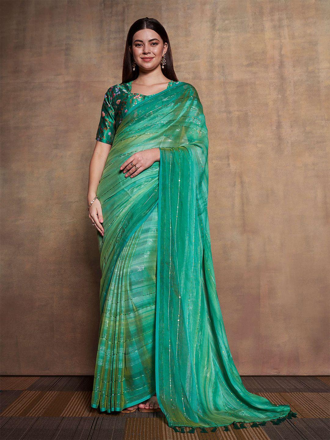 mitera green striped sequinned pure chiffon saree