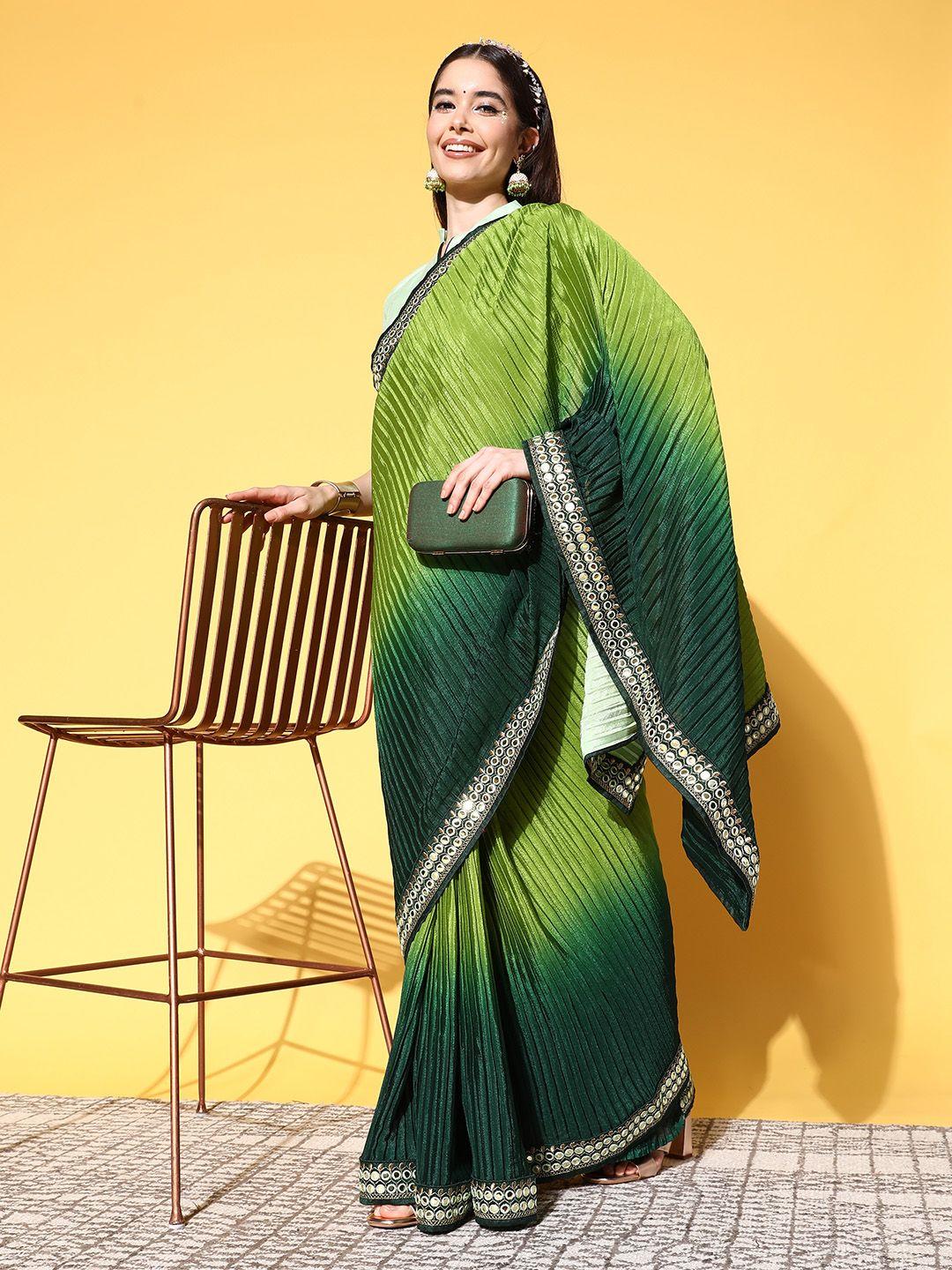 mitera green striped sequinned saree