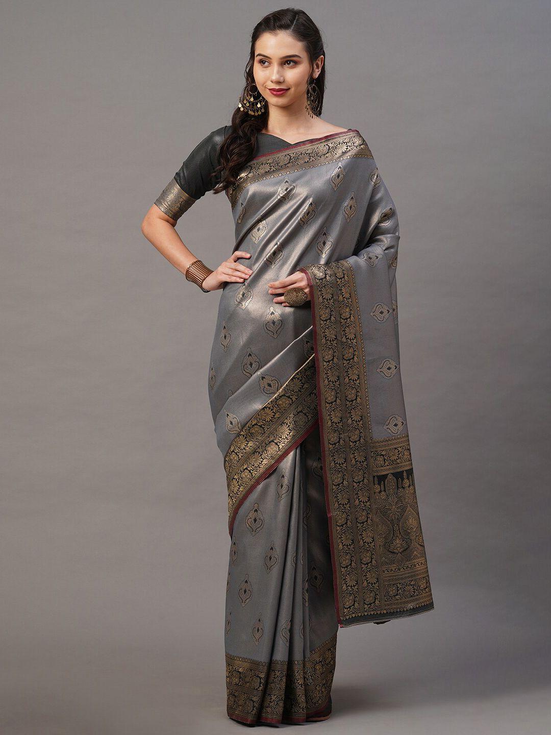 mitera grey & black ethnic motifs silk blend banarasi saree