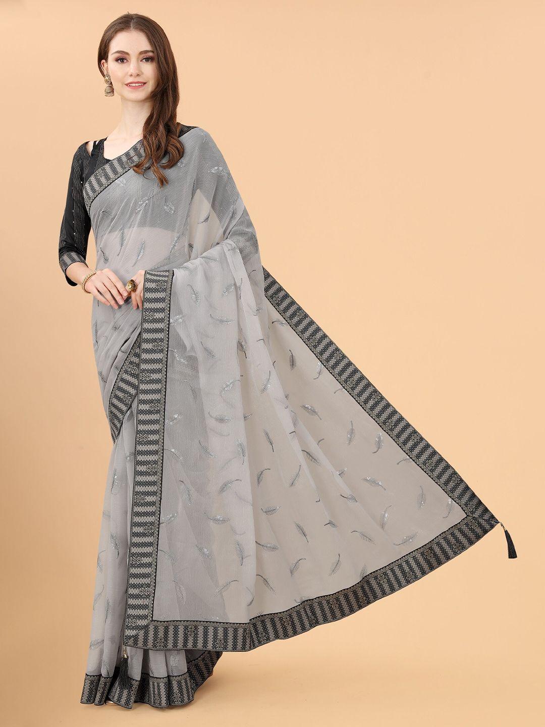 mitera grey & black floral sequinned pure linen saree