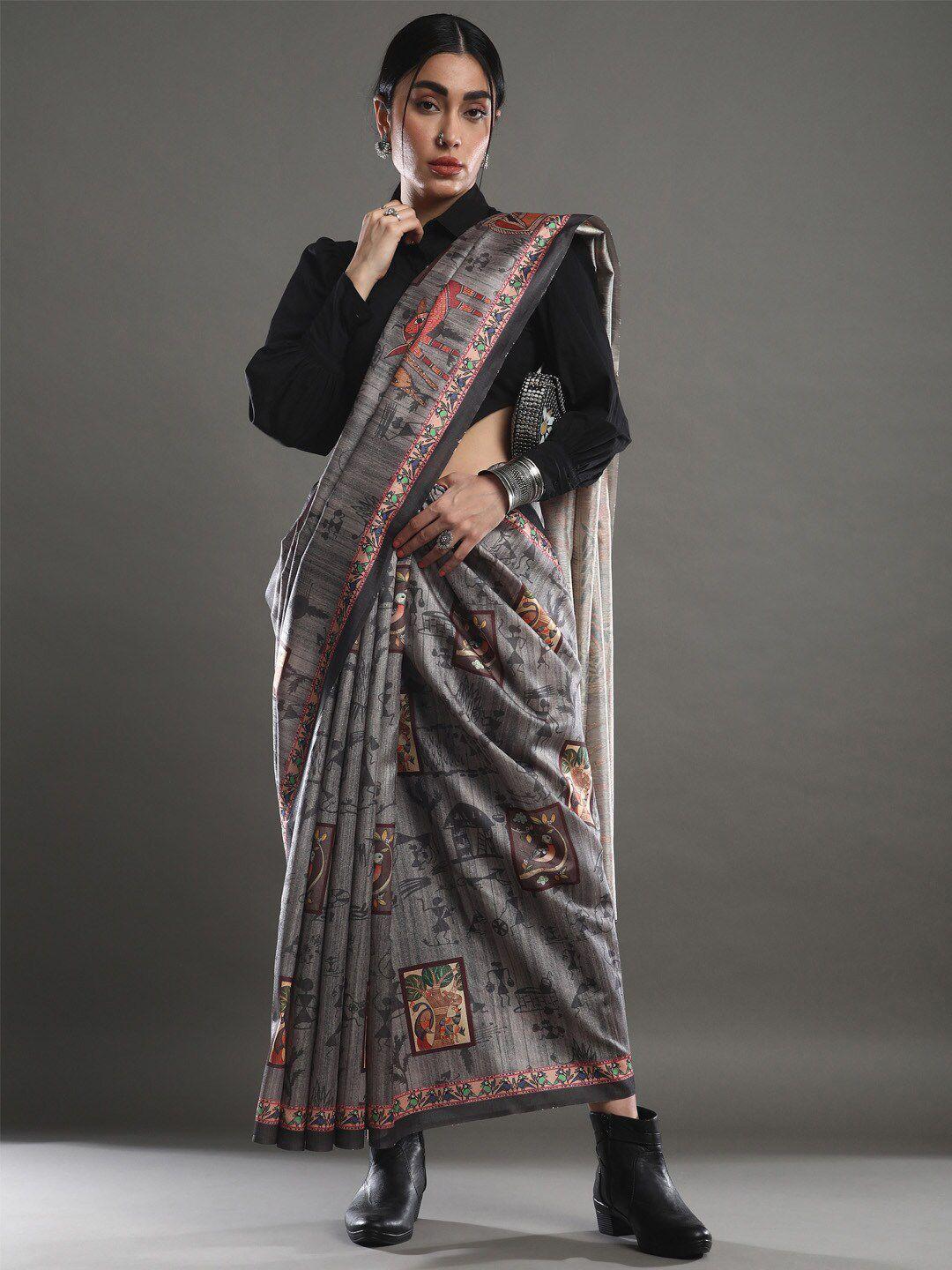 mitera grey & black kalamkari silk blend baluchari saree