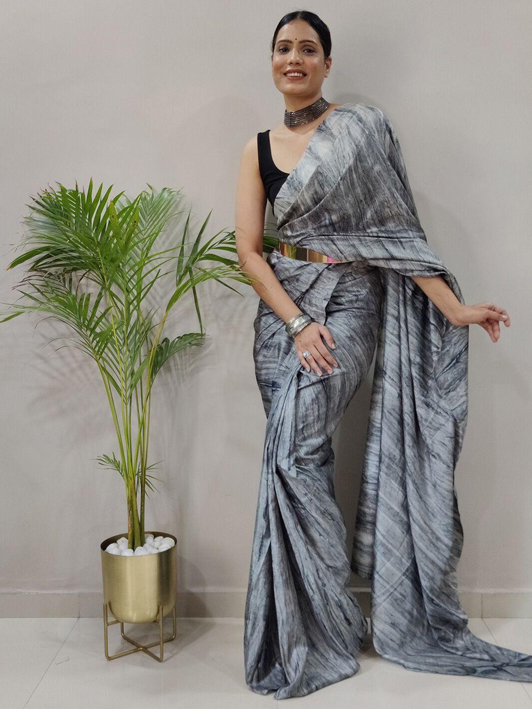 mitera grey & black printed art silk saree