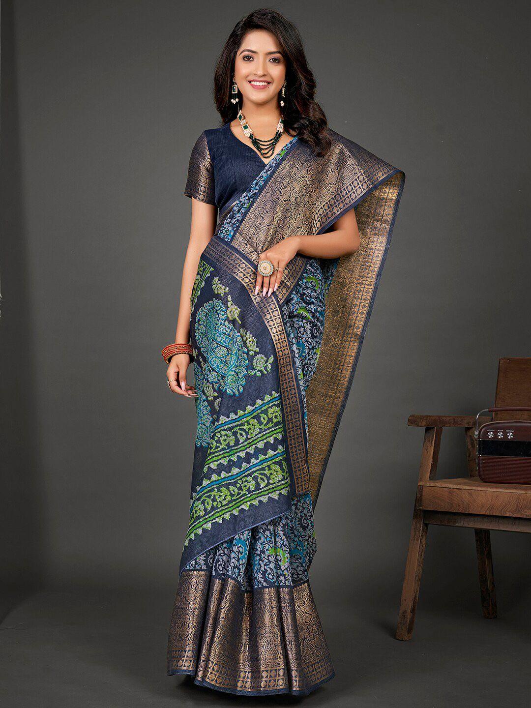 mitera grey & blue floral printed zari sungudi saree