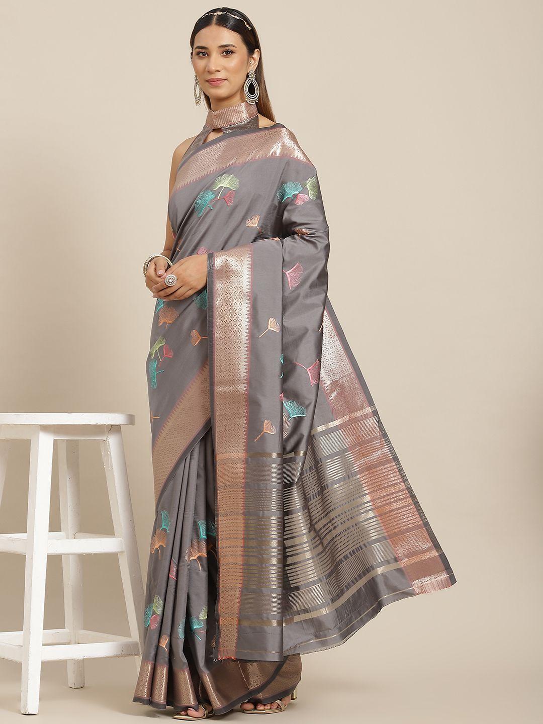 mitera grey & blue floral woven baluchari saree