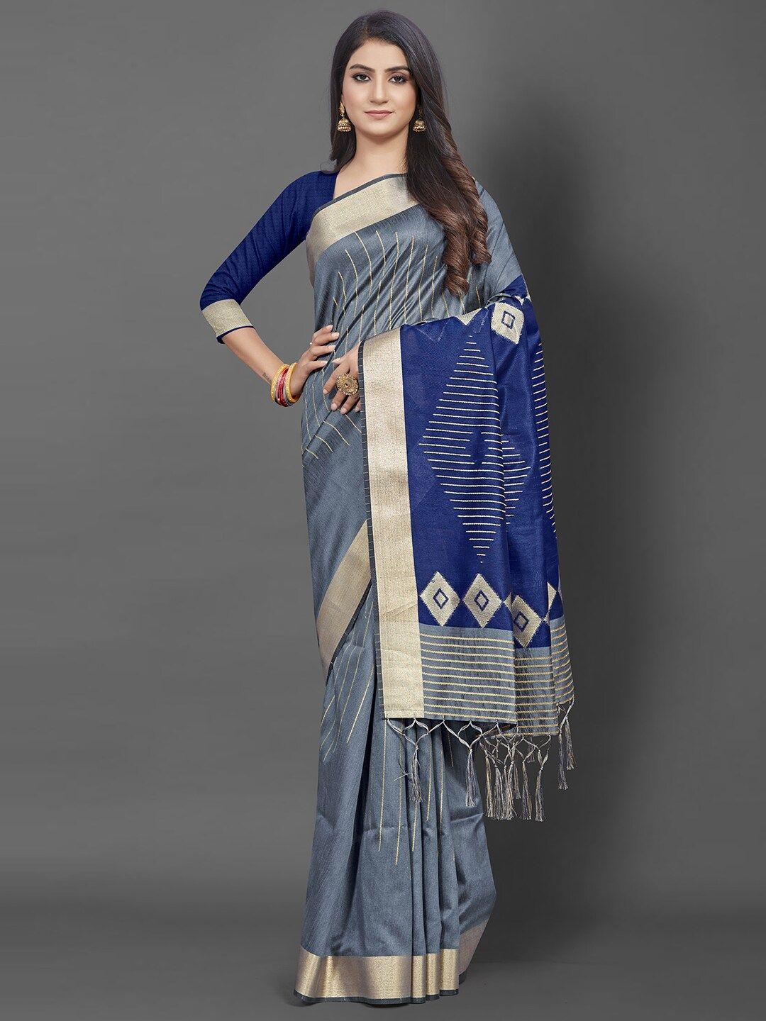 mitera grey & blue zari silk cotton saree