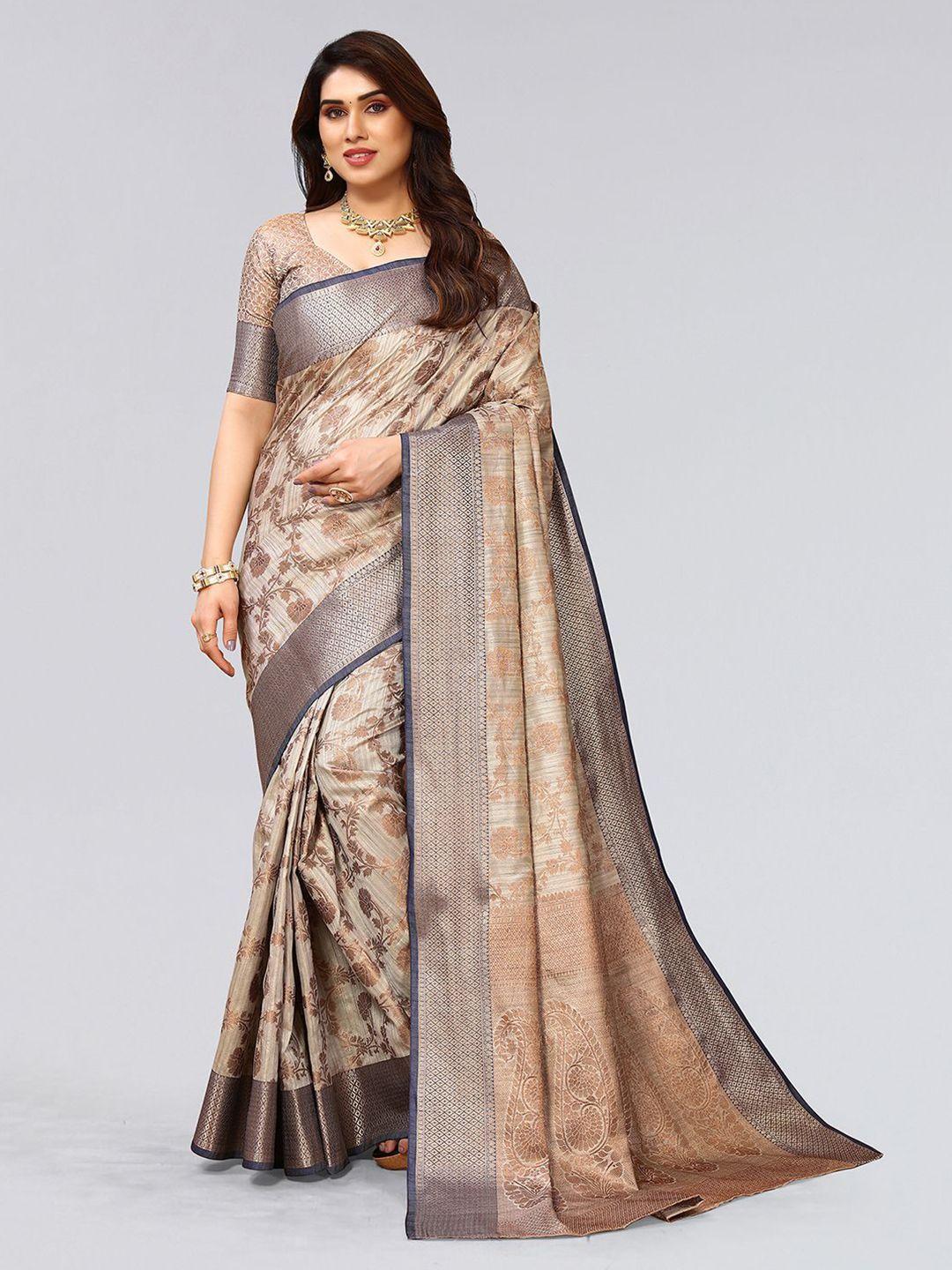 mitera grey & gold floral zari art silk saree with blouse piece