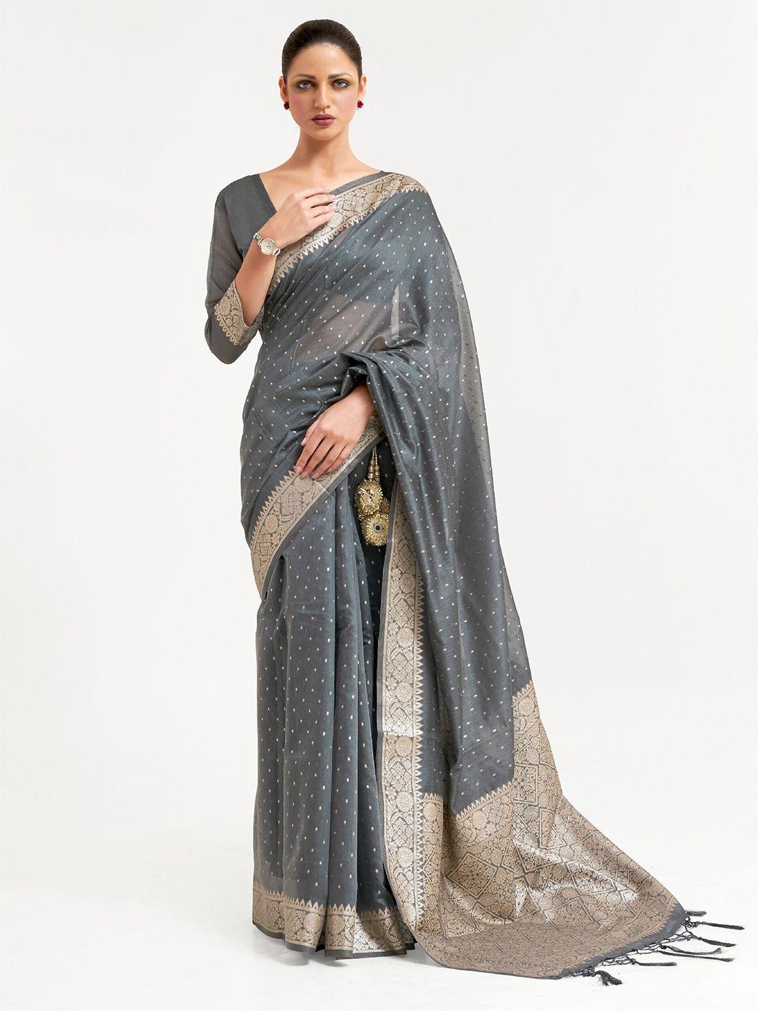 mitera grey & gold-toned ethnic motifs banarasi saree