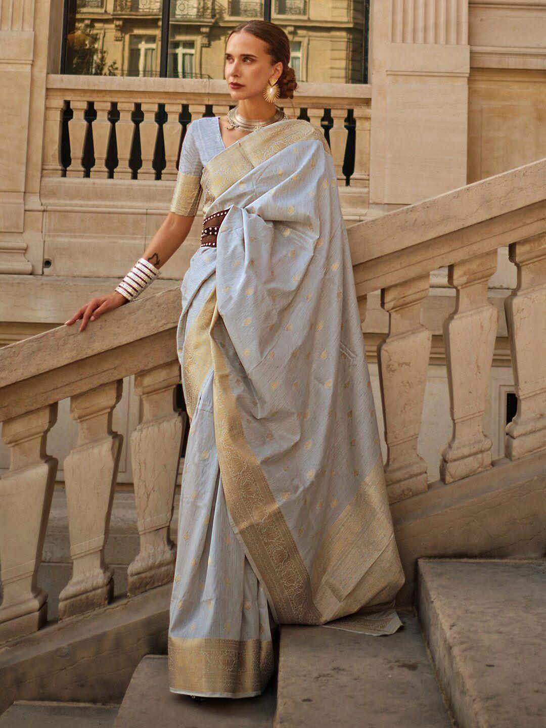 mitera grey & gold-toned ethnic motifs woven design zari banarasi saree