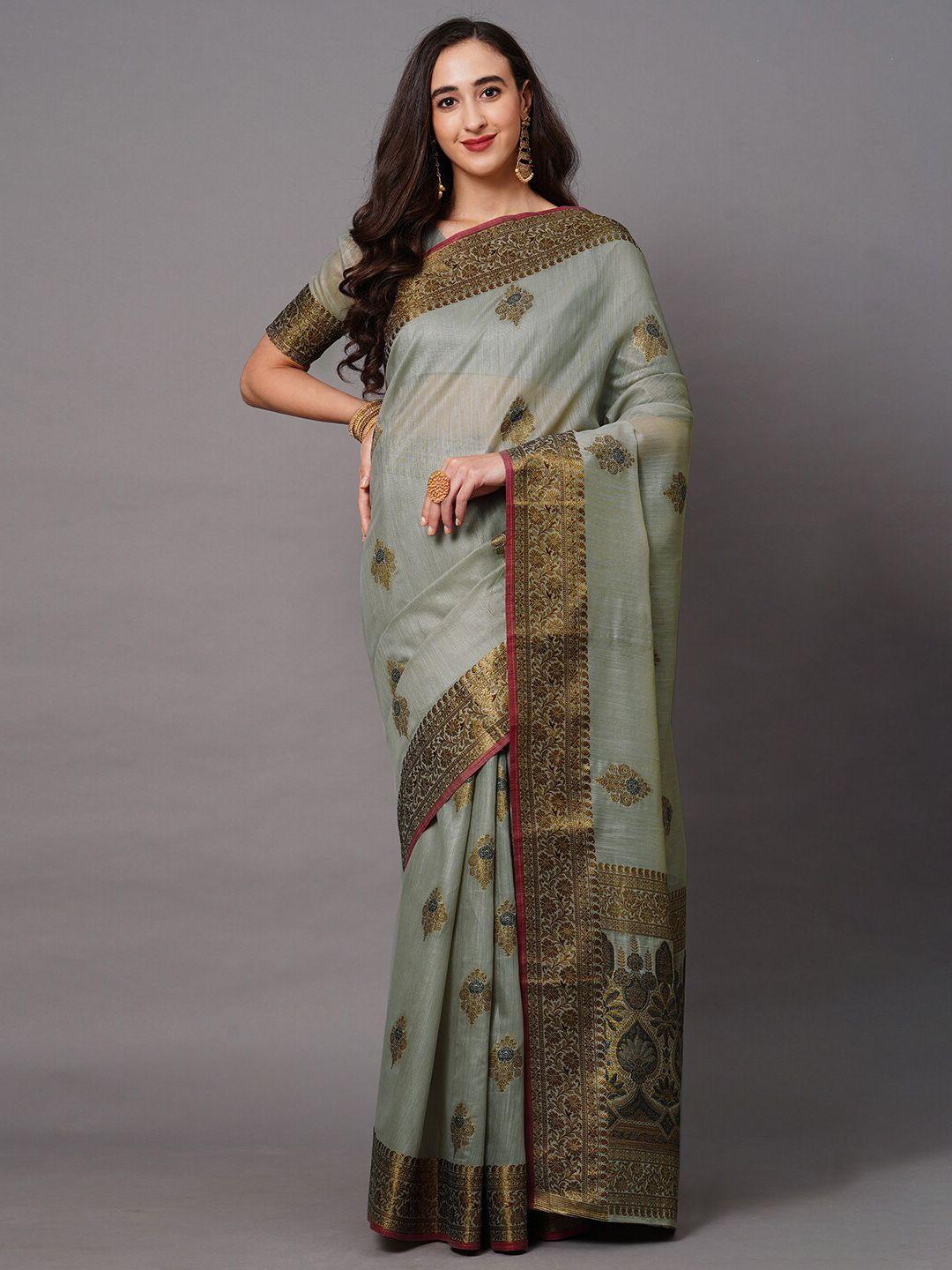 mitera grey & gold-toned ethnic motifs zari banarasi saree