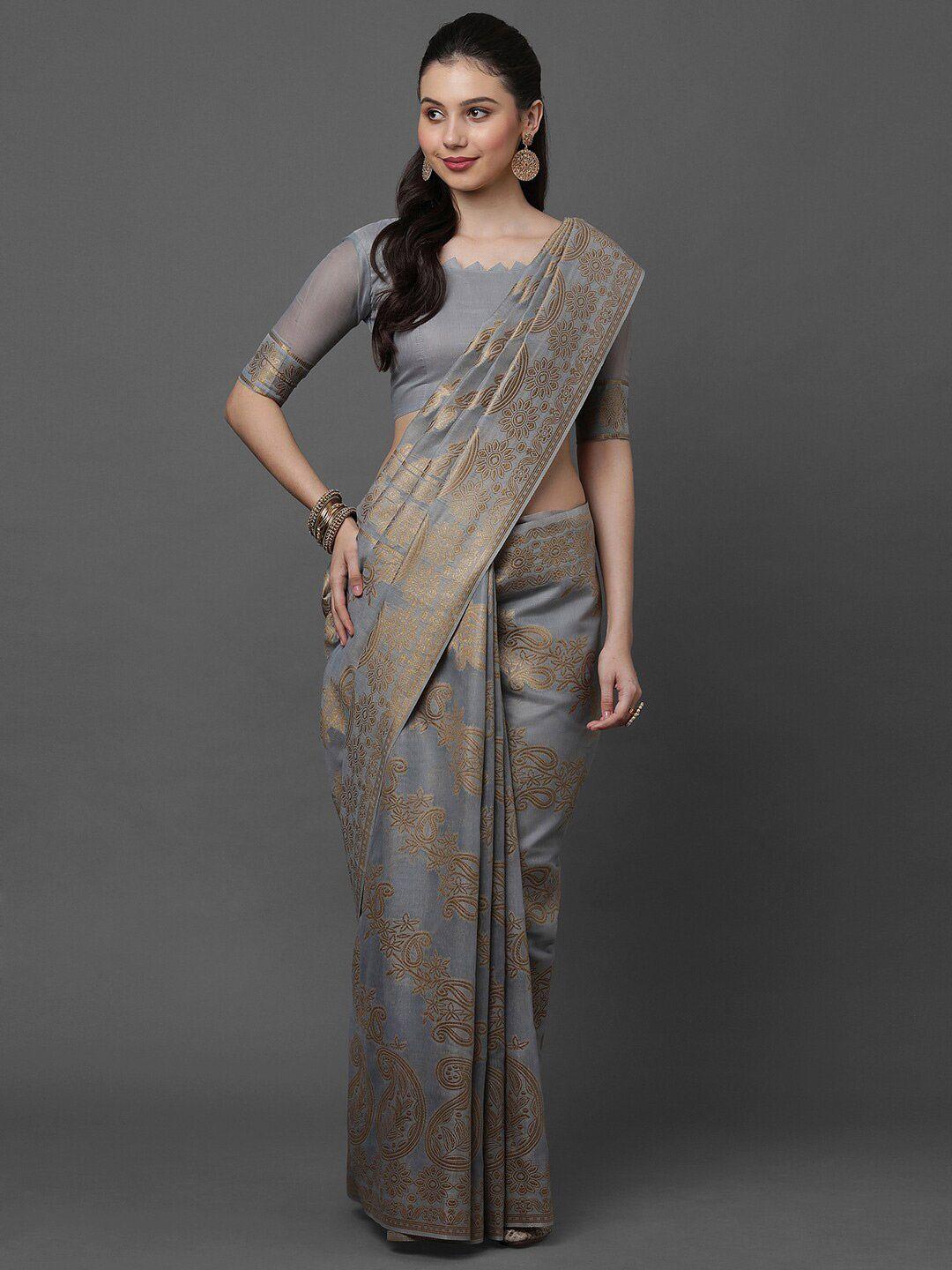 mitera grey & gold-toned ethnic motifs zari banarasi saree