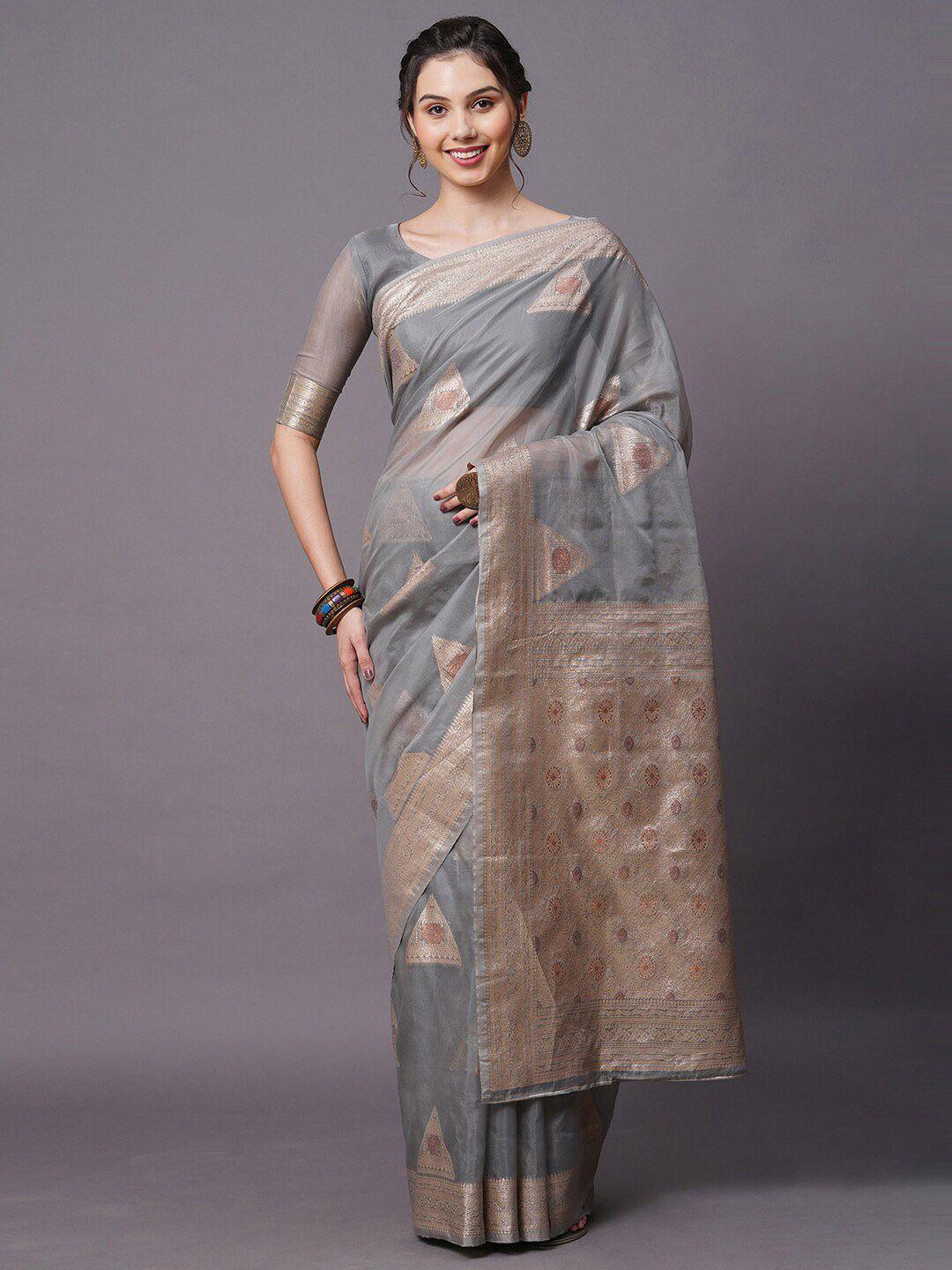 mitera grey & gold-toned ethnic motifs zari silk blend banarasi saree