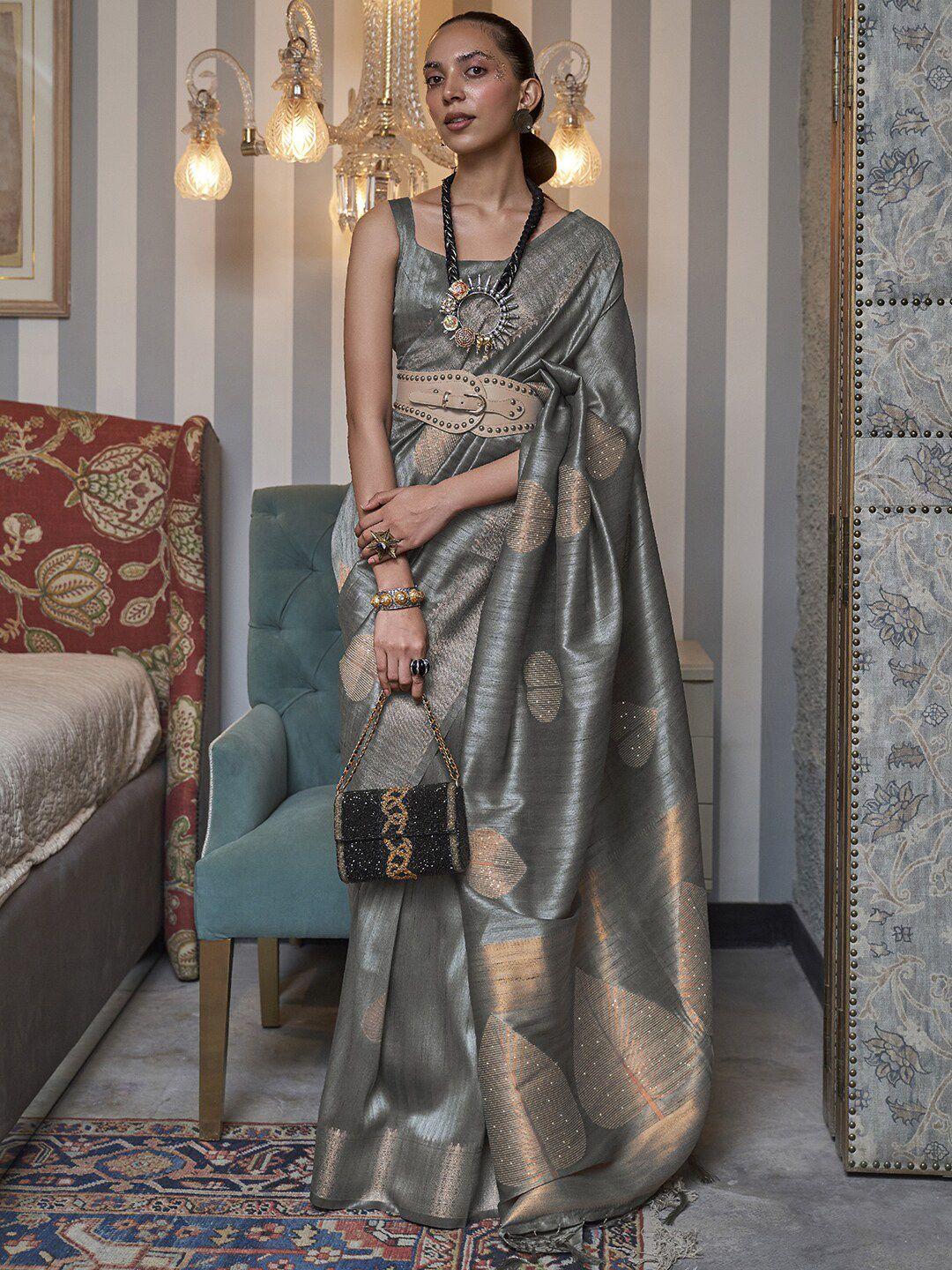 mitera grey & gold-toned ethnic motifs zari silk blend banarasi saree