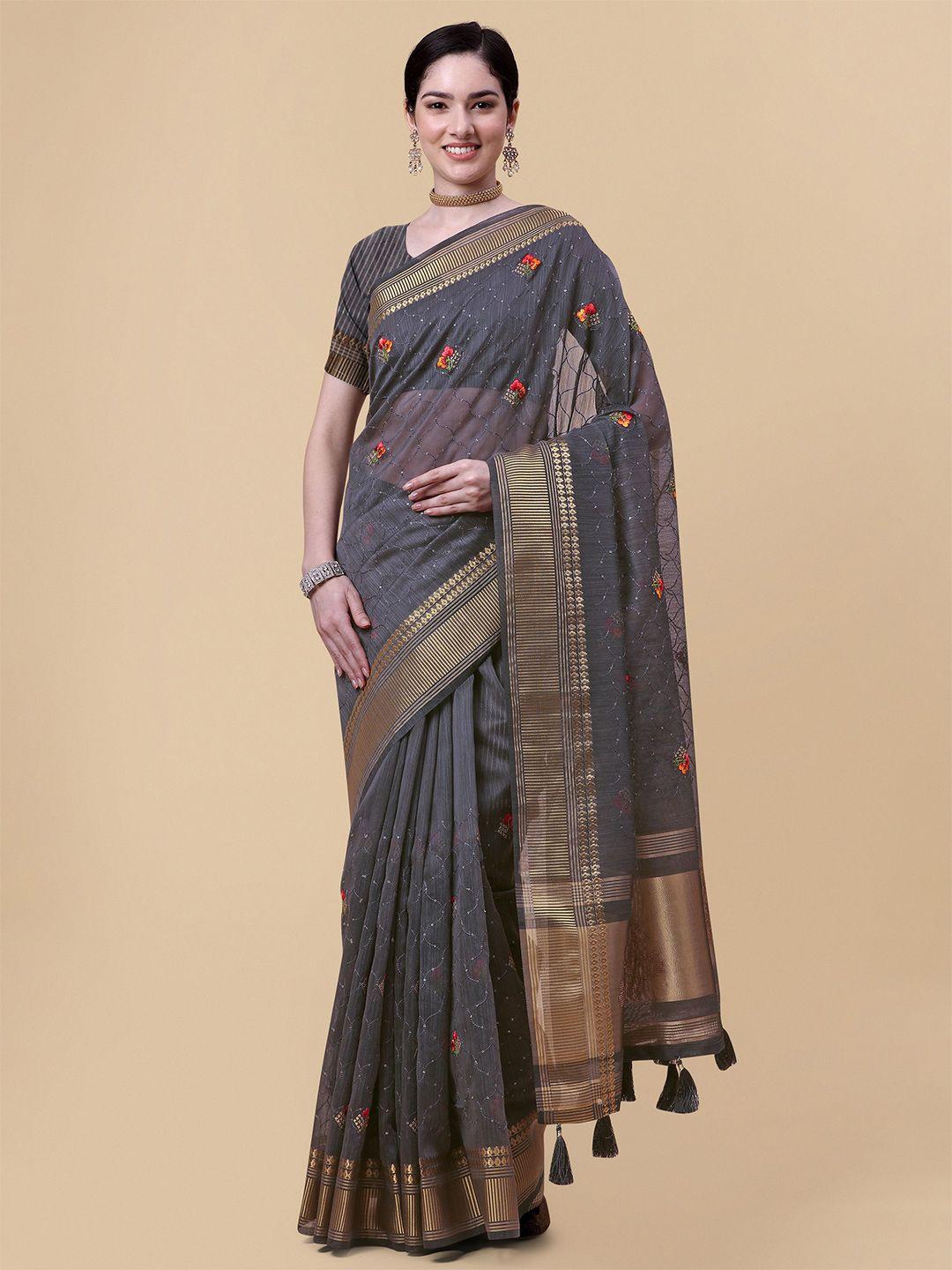 mitera grey & gold-toned floral sequinned pure linen saree