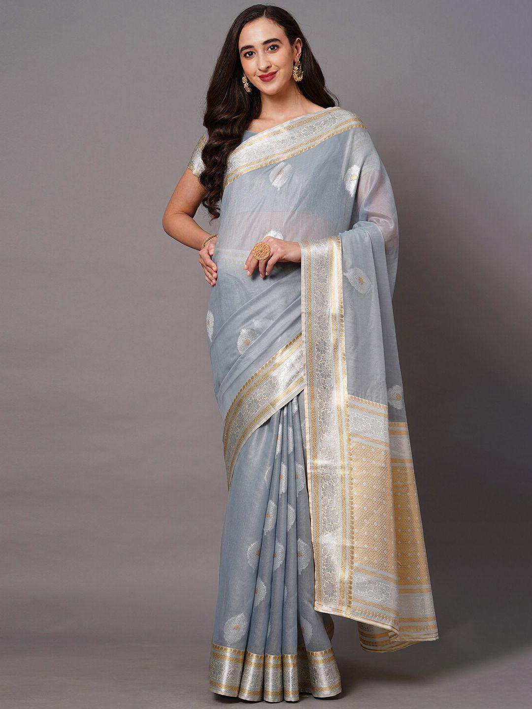 mitera grey & gold-toned floral zari banarasi saree