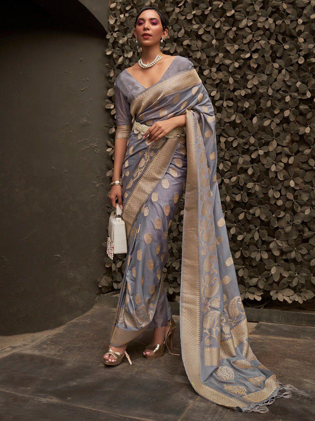 mitera grey & gold-toned floral zari banarasi saree