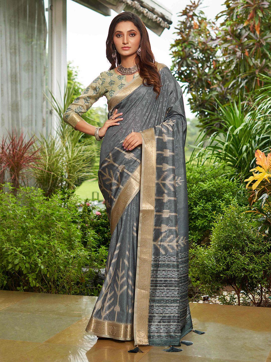 mitera grey & gold-toned paisley printed zari pure silk saree