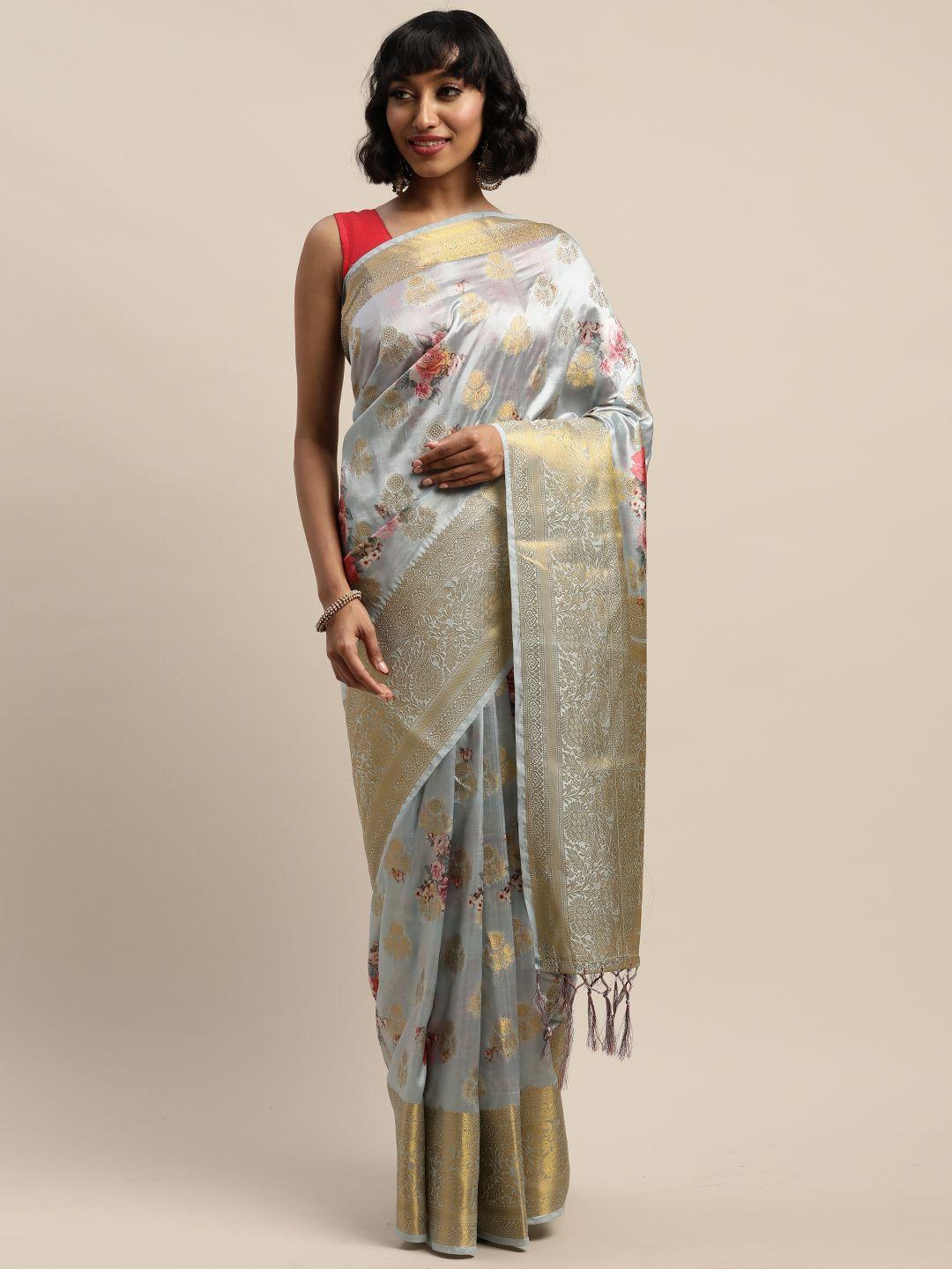 mitera grey & gold-toned woven design banarasi saree