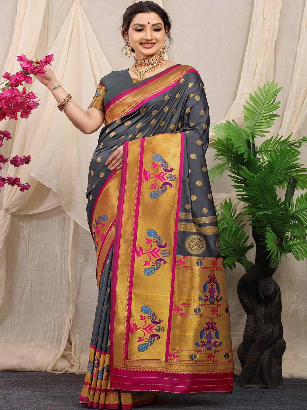 mitera grey & gold-toned woven design saree