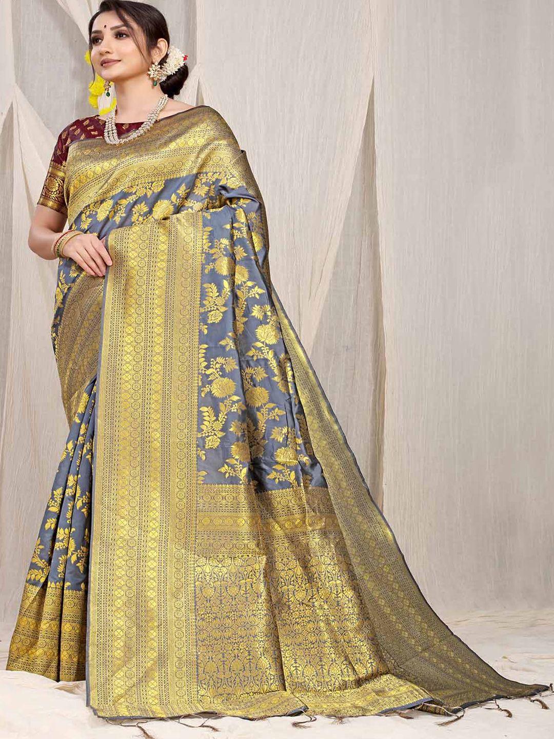 mitera grey & gold-toned woven design zari art silk saree