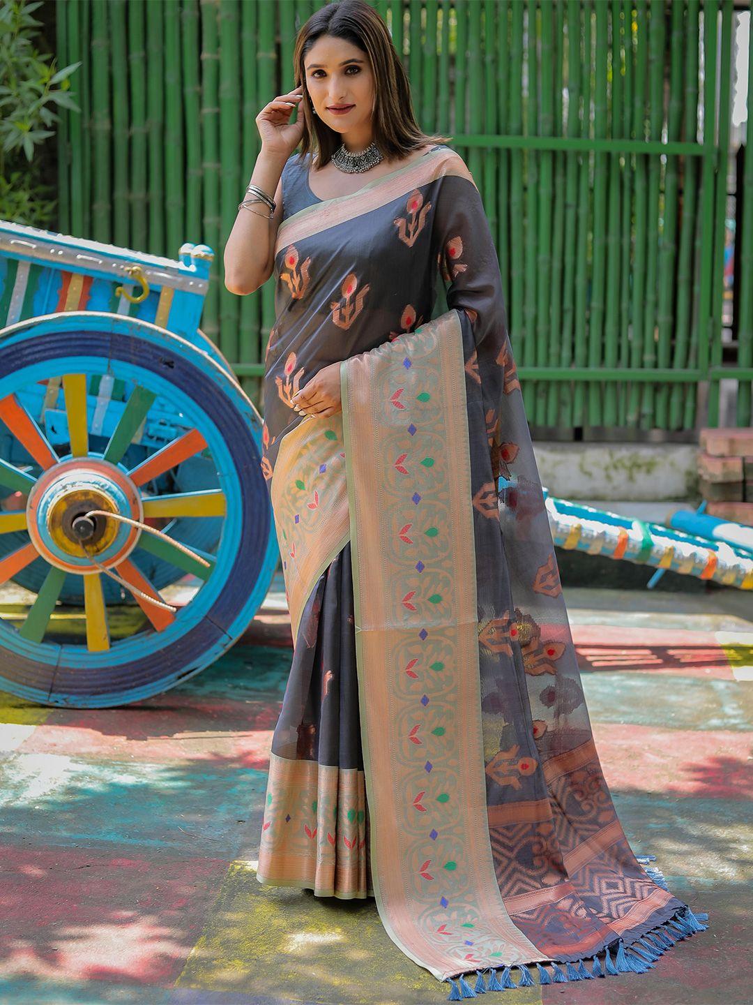 mitera grey & gold-toned woven design zari organza kanjeevaram saree