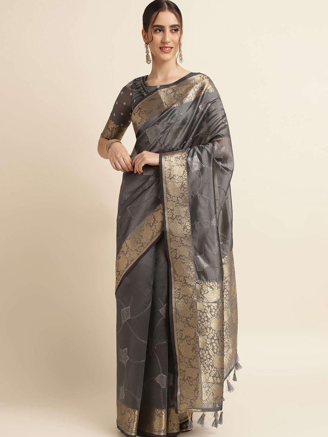 mitera grey & gold-toned woven design zari pure silk saree