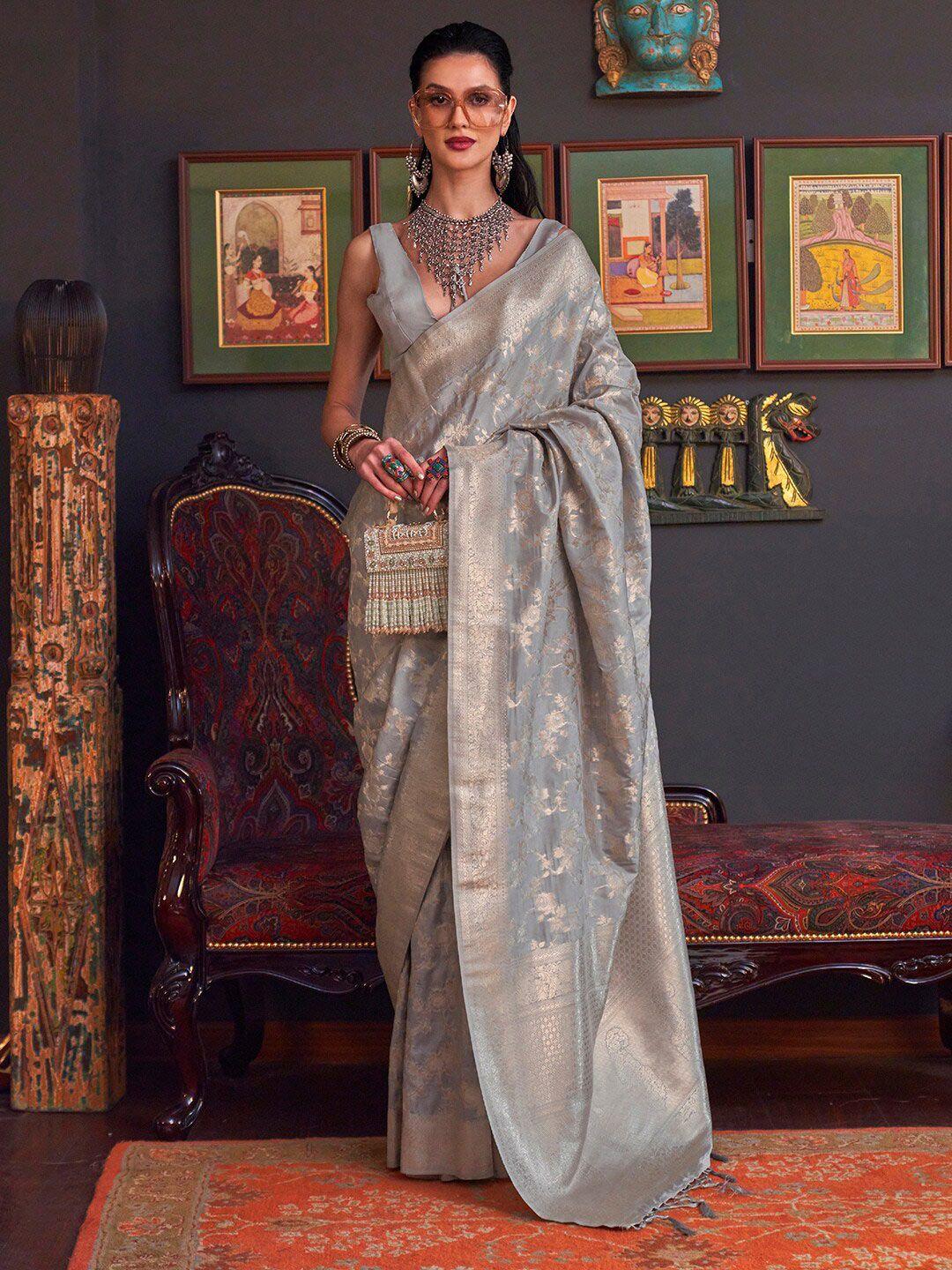 mitera grey & gold-toned woven design zari silk blend banarasi saree