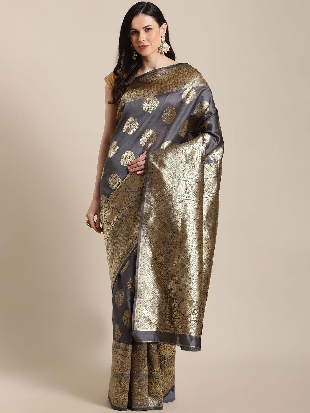 mitera grey & golden woven design banarasi saree