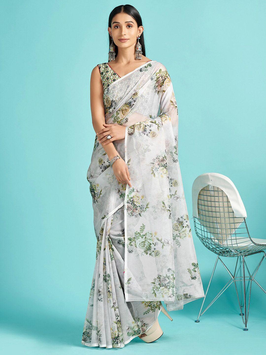 mitera grey & green floral printed organza saree