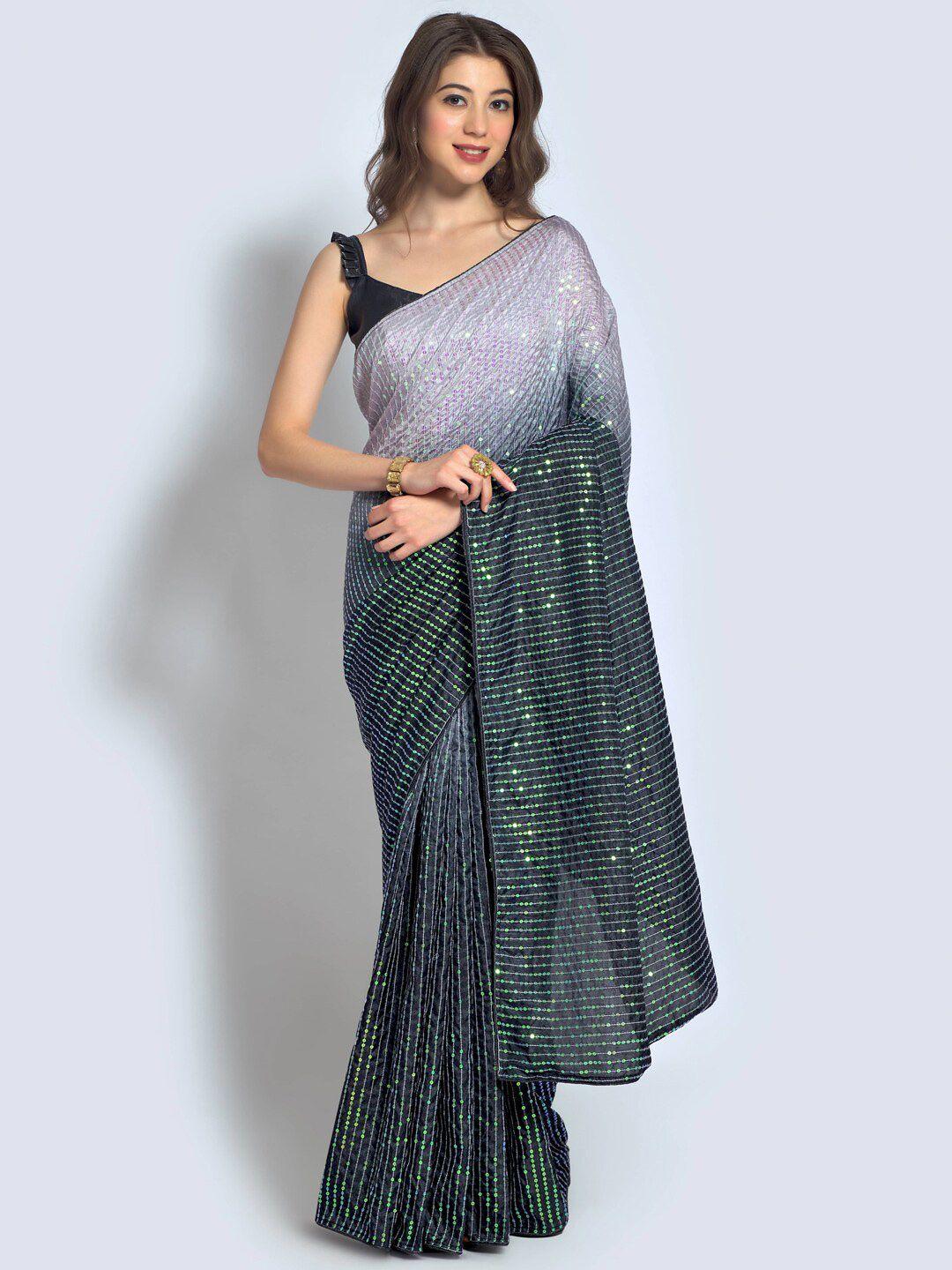 mitera grey & green sequinned embellished saree