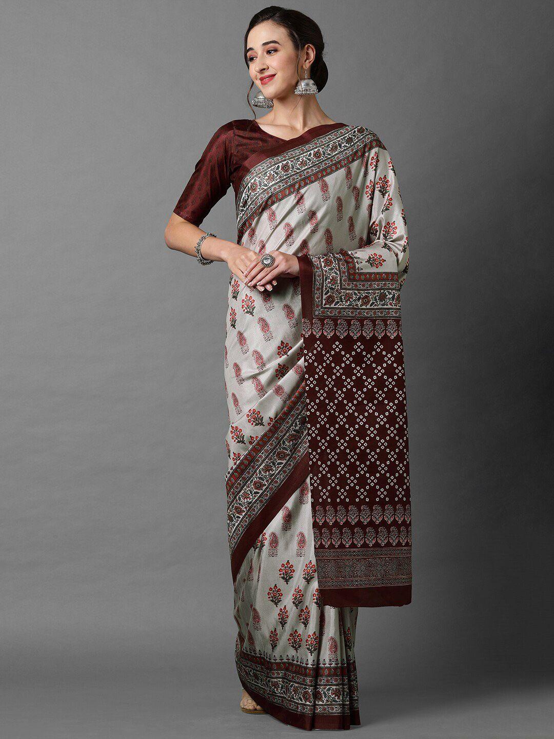 mitera grey & maroon ethnic motifs silk blend saree