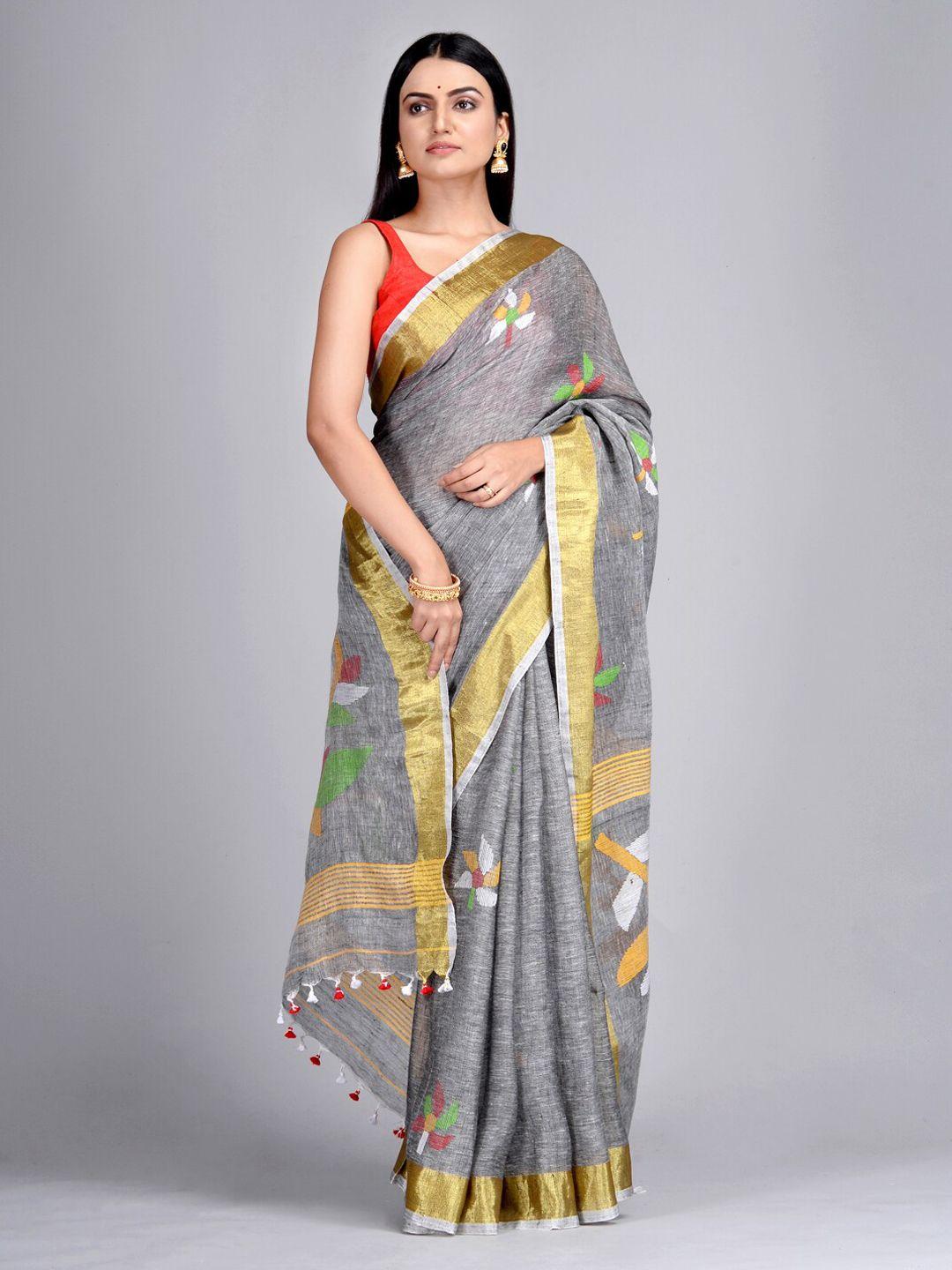 mitera grey & mustard yellow pure linen printed taant saree