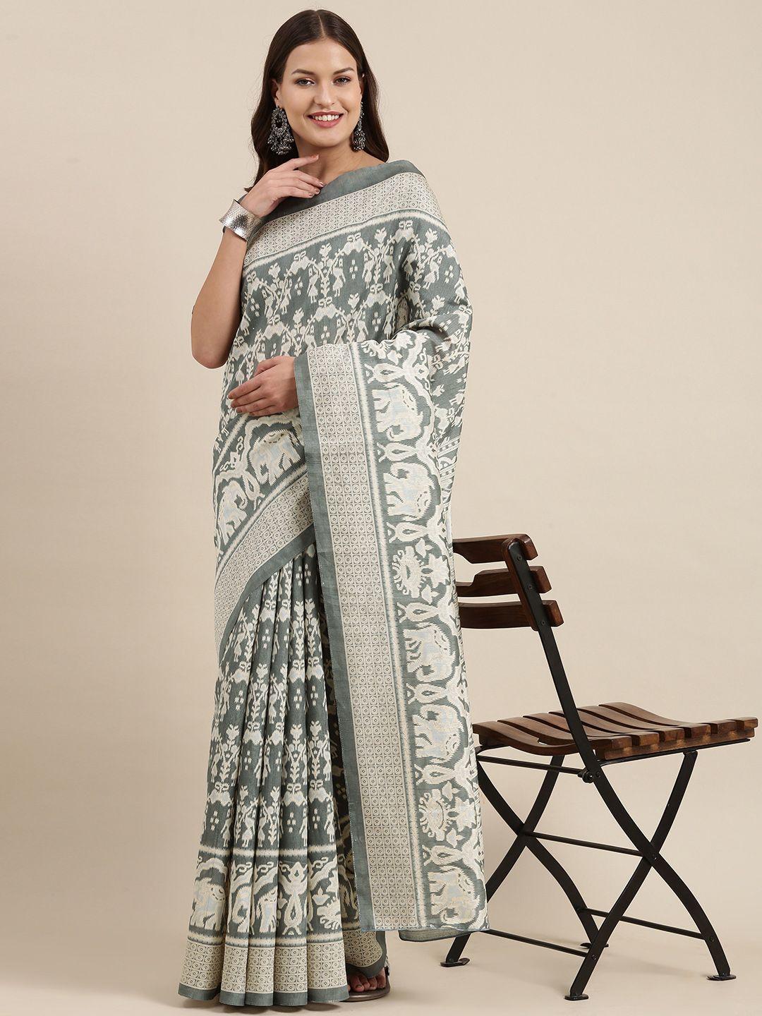 mitera grey & off white abstract bhagalpuri art silk ikat saree